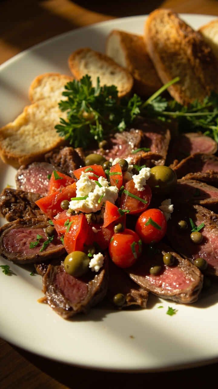 A white platter with slices of steak topped with a chunky olive, tomato, and caper relish. A sprinkle of feta cheese and chopped parsley adds color, and slices of rustic bread are perched nearby.