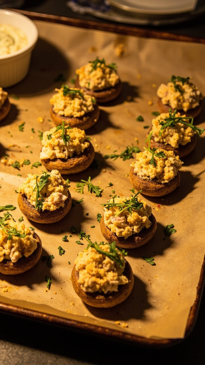 A baking tray of mushroom caps, each stuffed with a golden, breadcrumb-topped crab mixture and sprinkled with fresh parsley. The mushrooms rest on parchment paper, and a small ramekin of dipping sauce sits beside them. A baking tray of mushroom caps, each stuffed with a golden, breadcrumb-topped crab mixture and sprinkled with fresh parsley. The mushrooms rest on parchment paper, and a small ramekin of dipping sauce sits beside them.