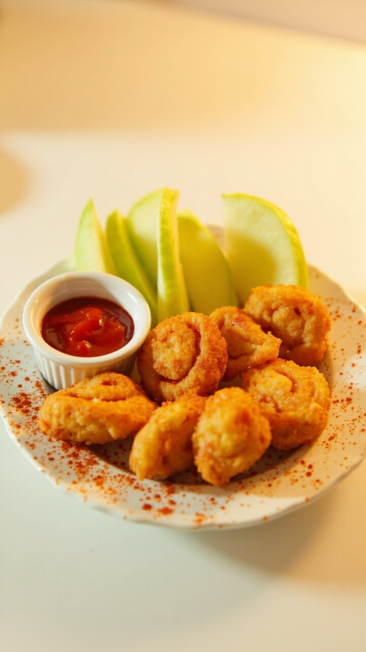 A small plate of golden fish nuggets, perfectly bite-sized, with a side of ketchup and green apple slices. Nuggets are dusted with a hint of paprika and arranged in a smiling face pattern. A small plate of golden fish nuggets, perfectly bite-sized, with a side of ketchup and green apple slices. Nuggets are dusted with a hint of paprika and arranged in a smiling face pattern.