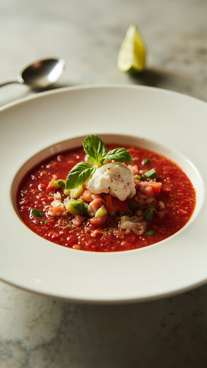 A shallow white bowl filled with icy red gazpacho, topped with a generous mound of lump crab meat, diced cucumber and tomato, and a sprinkle of fresh basil. There’s a small spoon and a wedge of lime on the side. A shallow white bowl filled with icy red gazpacho, topped with a generous mound of lump crab meat, diced cucumber and tomato, and a sprinkle of fresh basil. There’s a small spoon and a wedge of lime on the side.