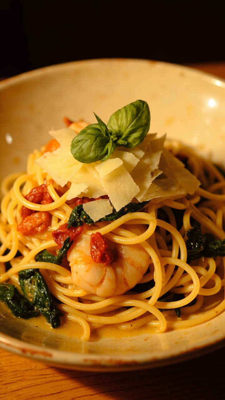 A pile of spaghetti in a creamy golden sauce, tangled with wilted spinach, sun-dried tomato pieces, and plump shrimp. It's served in a rustic cream-colored bowl, with shavings of parmesan on top and a sprig of basil added for color. A pile of spaghetti in a creamy golden sauce, tangled with wilted spinach, sun-dried tomato pieces, and plump shrimp. It's served in a rustic cream-colored bowl, with shavings of parmesan on top and a sprig of basil added for color.