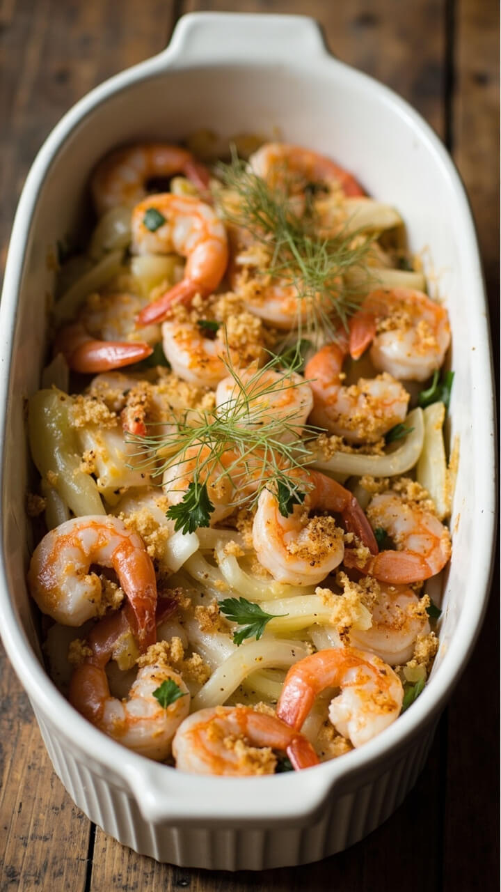 A white oval baking dish filled with pink shrimp and thinly sliced fennel, topped with melted cheese and golden-brown breadcrumbs, flecks of green parsley, and some fennel fronds as garnish. A white oval baking dish filled with pink shrimp and thinly sliced fennel, topped with melted cheese and golden-brown breadcrumbs, flecks of green parsley, and some fennel fronds as garnish.