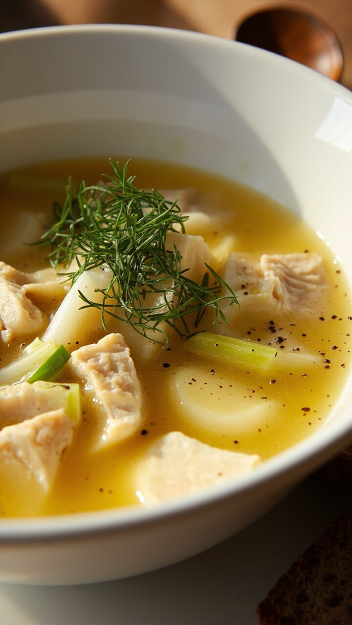 A white soup bowl filled with creamy, pale yellow broth, chunks of cod, soft potatoes, and slices of leeks. A sprinkle of fresh dill and black pepper on top, with rye bread on the side and a small wooden spoon.