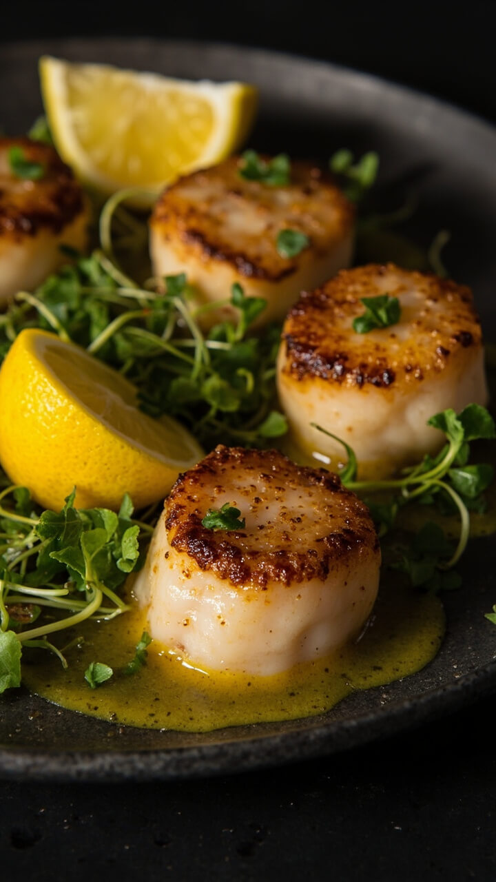 Plump scallops with a golden brown crust, arranged on a dark platter, drizzled with glossy lemon butter, microgreens scattered, lemon wedges at the side. Plump scallops with a golden brown crust, arranged on a dark platter, drizzled with glossy lemon butter, microgreens scattered, lemon wedges at the side.