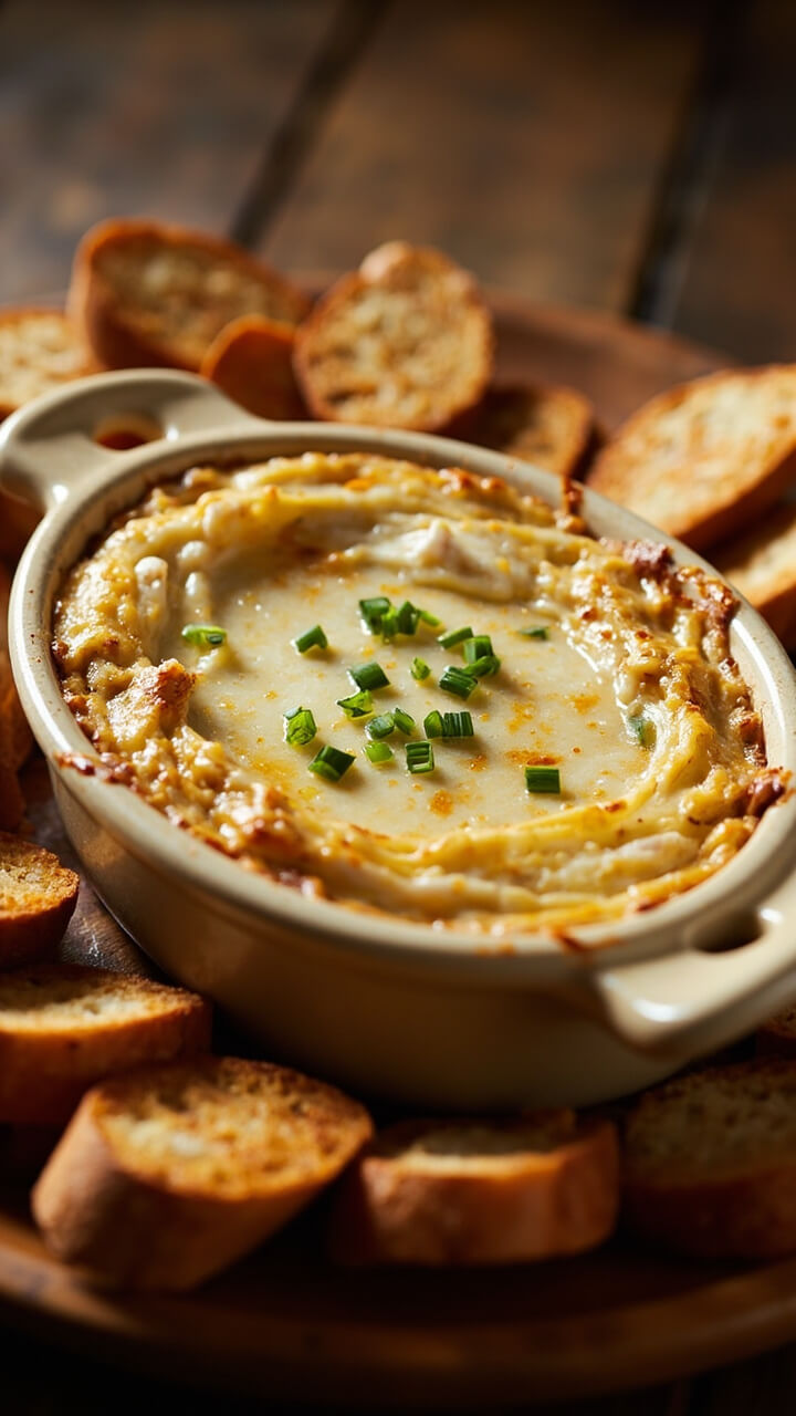 A small oval baking dish filled with bubbling crab dip, the top golden and slightly browned, surrounded by neatly arranged slices of toasted baguette. Fresh chives are sprinkled over the dip for color.