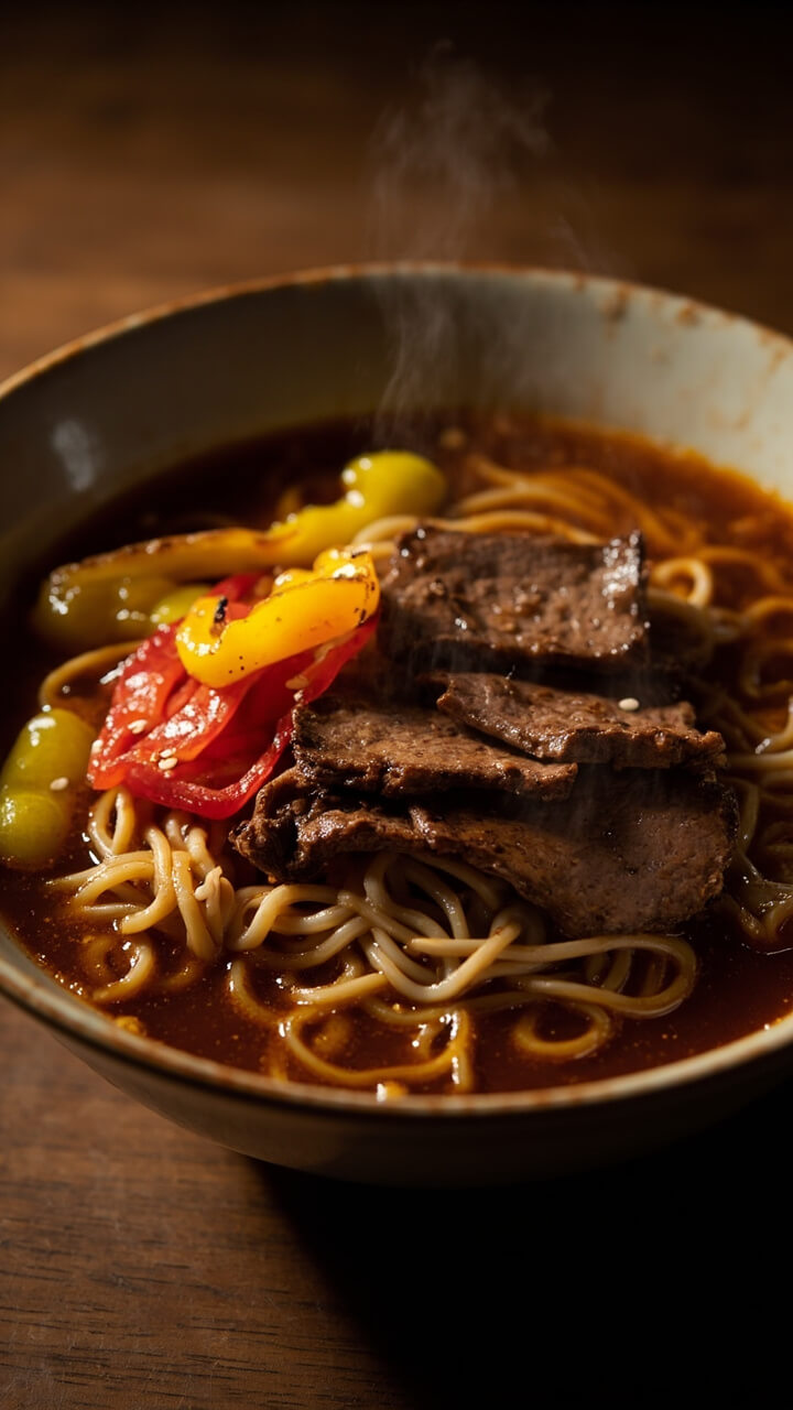 A shallow bowl holding ramen in a glossy, deep brown broth, with thinly sliced beef arranged on top, sautéed bell peppers fanned out, and a glossy tangle of noodles peeking through, garnished with white sesame seeds.