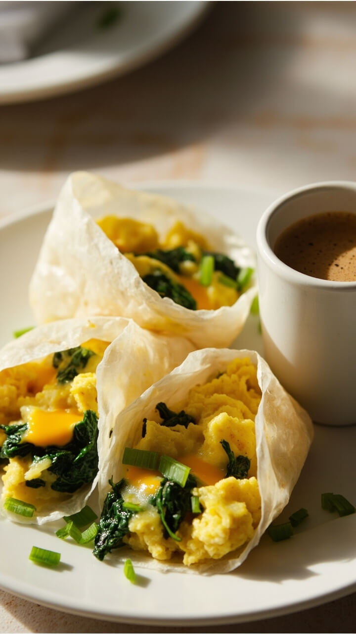 Three rice paper wraps filled with scrambled eggs, stretchy cheddar cheese, sauteed spinach, and a scattering of green onions show their finish with a warm, melty interior. They sit on a breakfast plate alongside a mug of coffee.