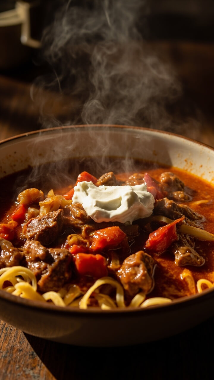 Chunks of steak in a deep red paprika sauce with pieces of red bell pepper and onions, served in a wide, shallow bowl with a dollop of sour cream and egg noodles. Chunks of steak in a deep red paprika sauce with pieces of red bell pepper and onions, served in a wide, shallow bowl with a dollop of sour cream and egg noodles.