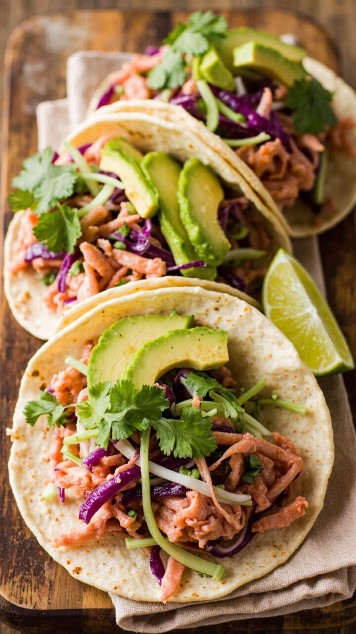 Three soft corn tortillas filled with pink langostino pieces, topped with green and purple slaw and avocado slices, fresh cilantro and a lime wedge on a wooden board, light-colored napkin folded alongside.