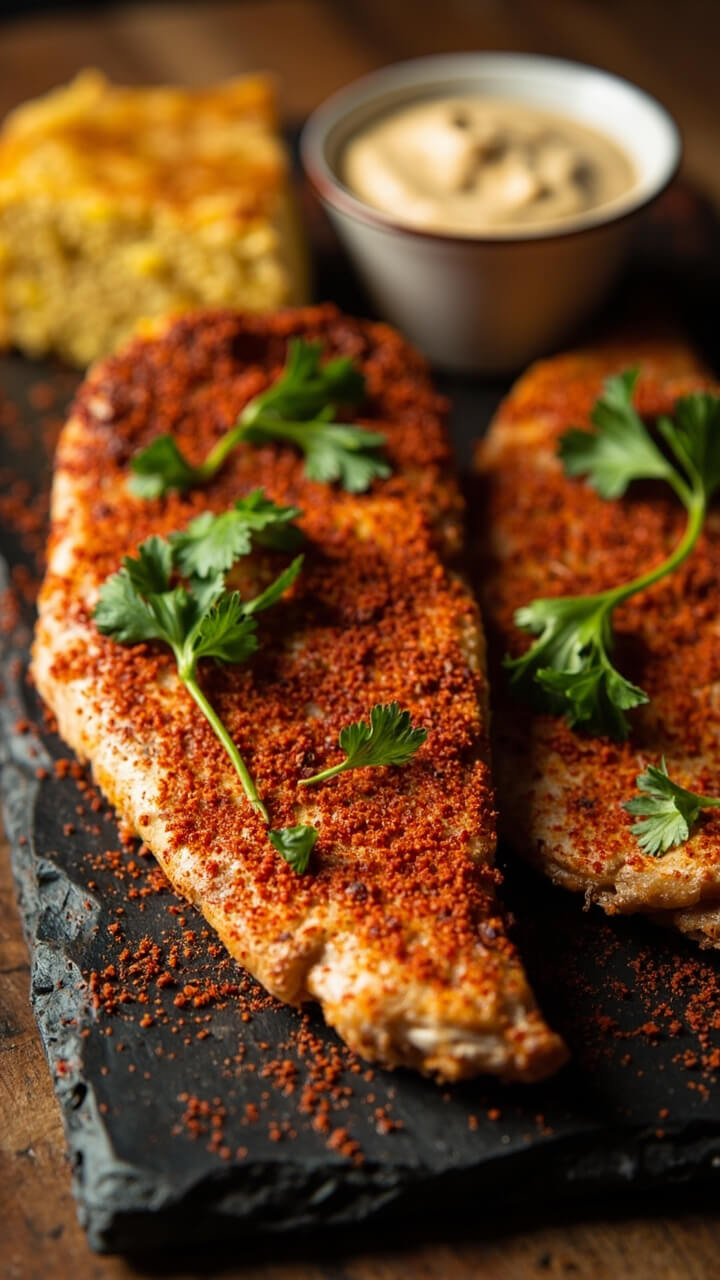 Spiced catfish fillets on a slate serving board, edges dusted deep red from Cajun seasoning. A small dish of remoulade dip sits near the fish. Bright parsley is sprinkled over the top, with a wedge of cornbread on the side.