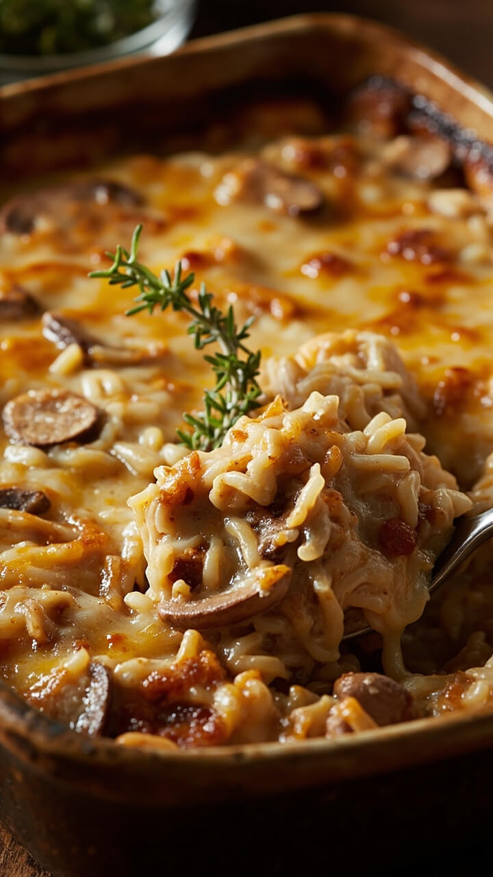 A baking dish filled with a golden, bubbly mixture of creamy wild rice, shredded chicken, and sliced mushrooms, topped with melted cheese. A sprig of fresh thyme for garnish sits on top.