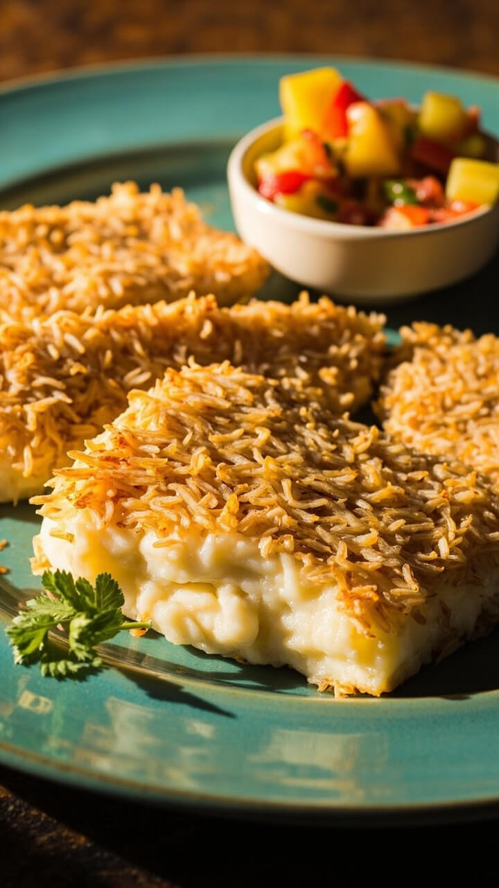 Flaky flounder fillets in a shaggy, golden coconut crust, arrayed on a teal plate, with a small bowl of pineapple salsa and a fresh cilantro sprig on the side. Flaky flounder fillets in a shaggy, golden coconut crust, arrayed on a teal plate, with a small bowl of pineapple salsa and a fresh cilantro sprig on the side.