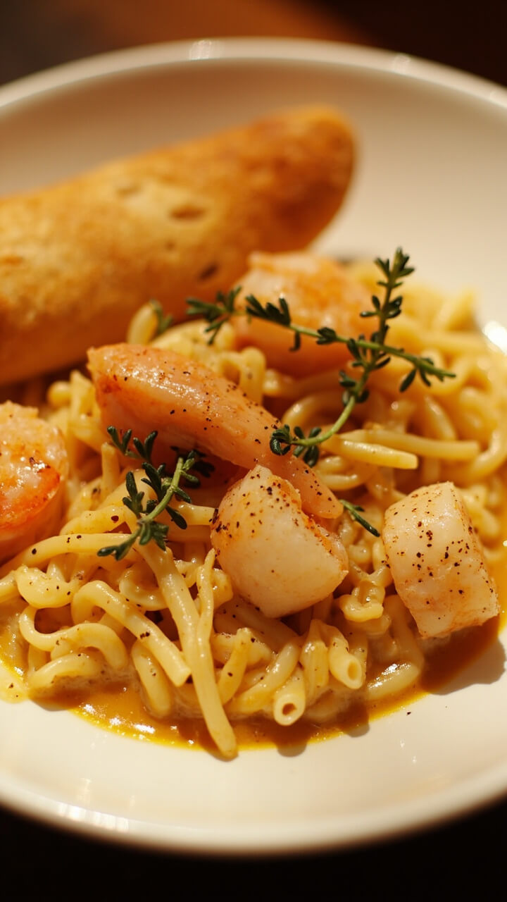 A shallow bowl with creamy orzo hugging small, plump bay scallops and shrimp, all napped in a glossy, thick sauce. A few thyme sprigs and black pepper top the dish, with a breadstick on the side.