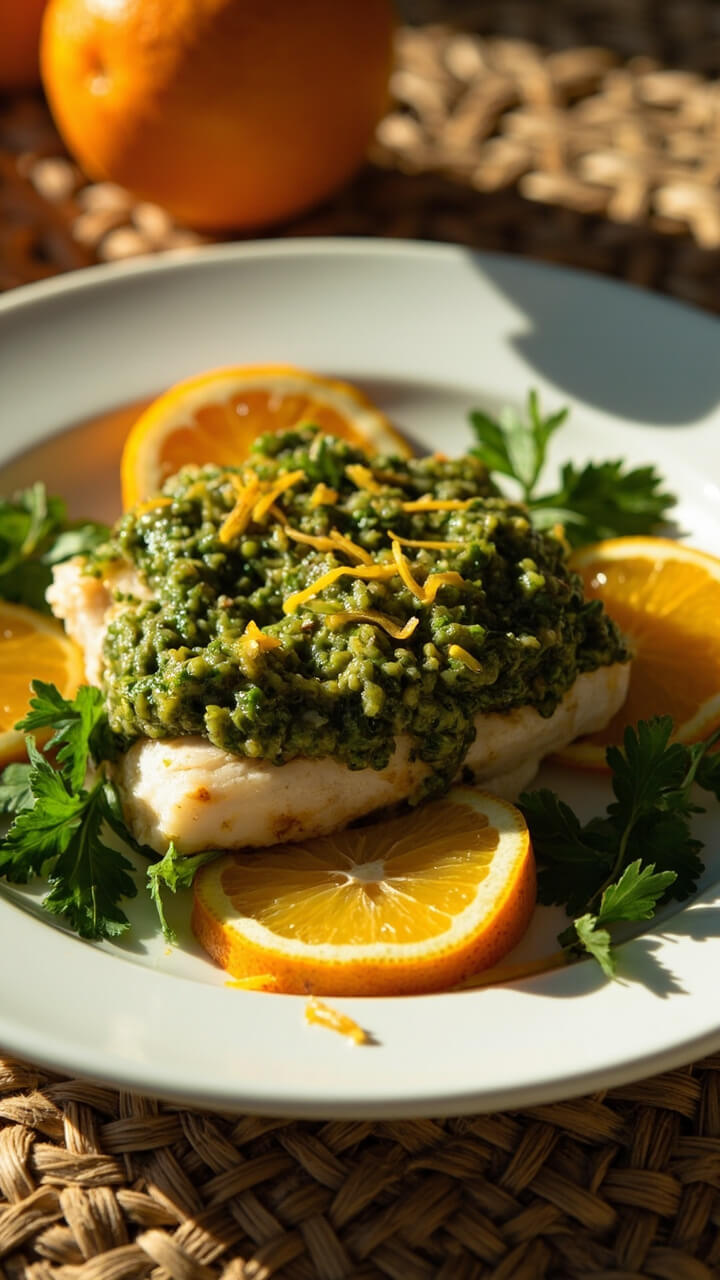 A fillet of baked cod on a round white plate, topped with a chunky green salsa verde with flecks of citrus zest. Orange and lemon slices and torn parsley leaves scatter nearby. Plate rests on a woven placemat.