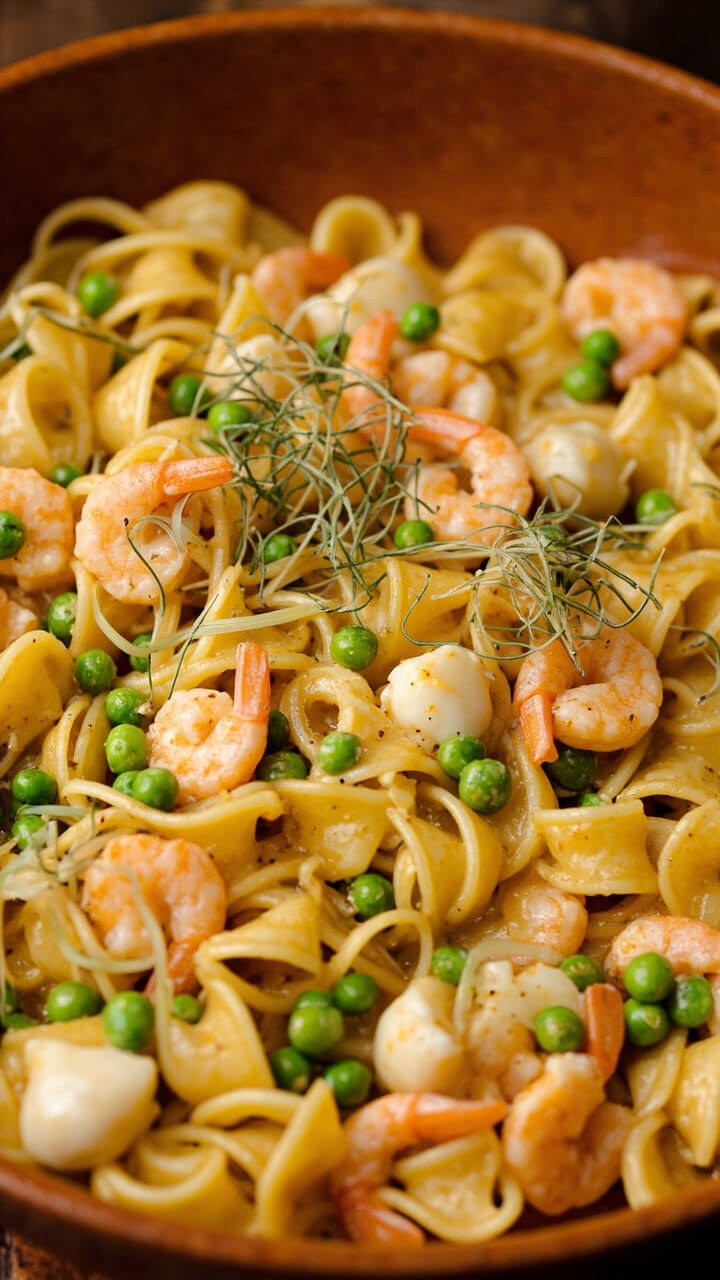 Shell pasta cloaked in silky cream sauce, dotted with green peas and curls of pink shrimp and white scallop pieces. Microgreens or chive ribbons finish, served in a family-style serving bowl.
