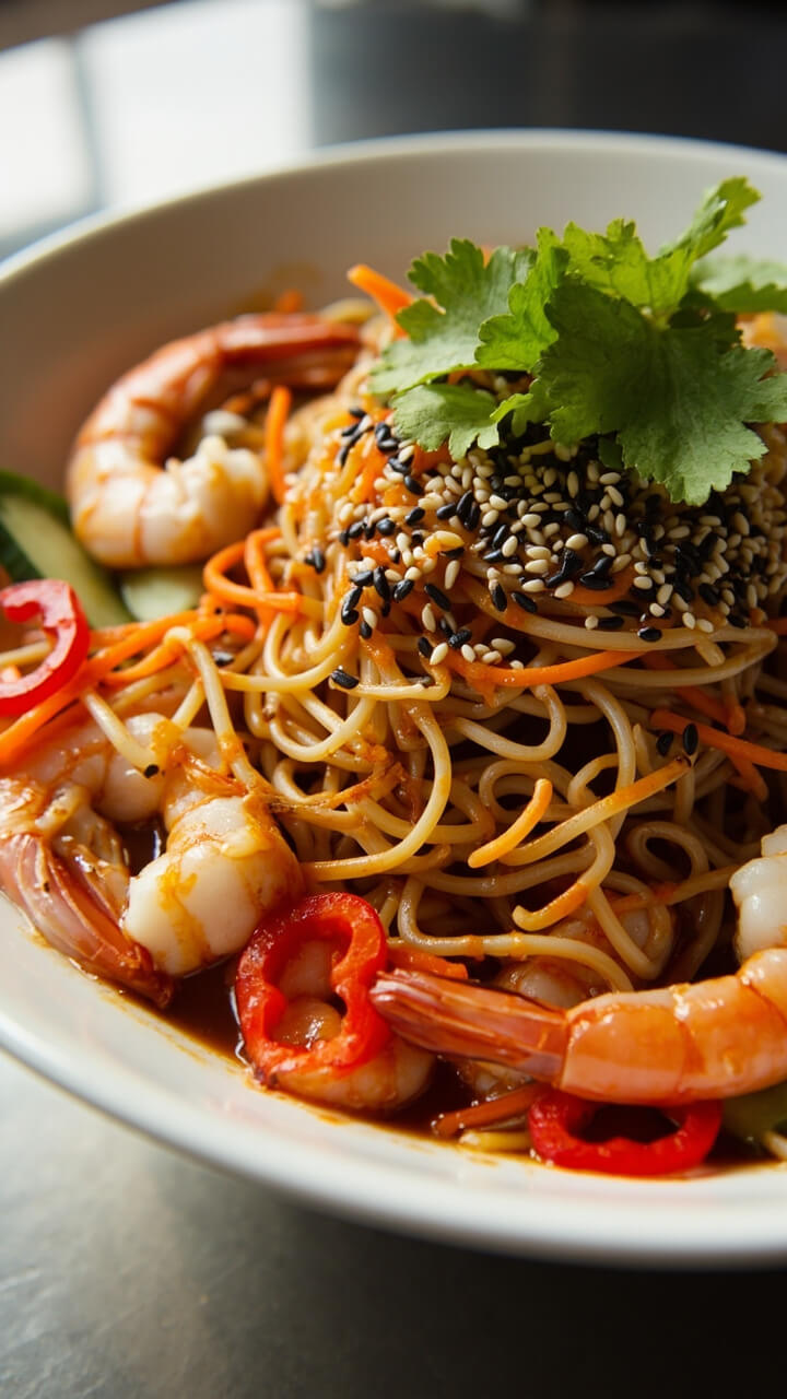 A wide white bowl filled with sesame-soy noodles, pink shrimp, shredded carrots, cucumbers, and sliced red peppers, topped with black sesame seeds and cilantro. A wide white bowl filled with sesame-soy noodles, pink shrimp, shredded carrots, cucumbers, and sliced red peppers, topped with black sesame seeds and cilantro.
