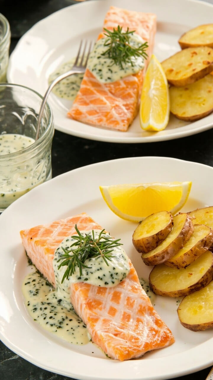 Thick salmon fillets served on white dinner plates, coated with creamy dill sauce, topped with sprigs of fresh dill. Sliced new potatoes on the side and a wedge of lemon. Thick salmon fillets served on white dinner plates, coated with creamy dill sauce, topped with sprigs of fresh dill. Sliced new potatoes on the side and a wedge of lemon.