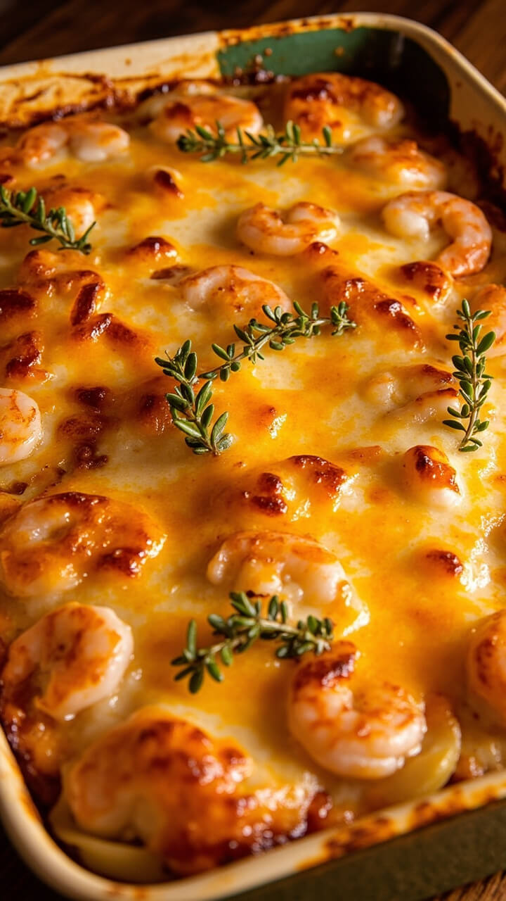 A casserole dish with thinly sliced potatoes layered with pink shrimp, all covered in a bubbling golden cheese crust. Fresh thyme sprigs laid across the top.