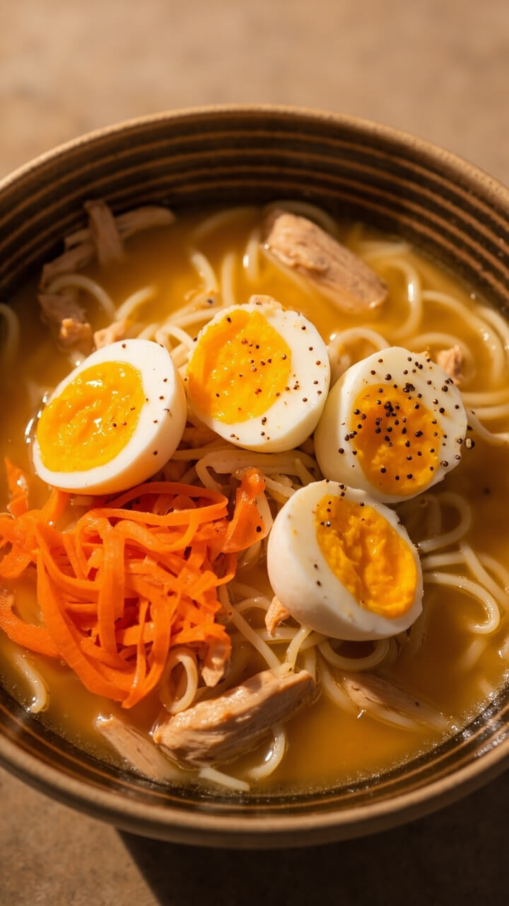 Deep bowl with clear, golden broth, chunks of shredded chicken, ramen noodles, long ribbons of carrot, wilted spinach, and soft-boiled egg halves, arranged with a dusting of black pepper. Deep bowl with clear, golden broth, chunks of shredded chicken, ramen noodles, long ribbons of carrot, wilted spinach, and soft-boiled egg halves, arranged with a dusting of black pepper.