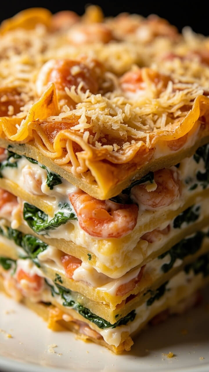 A layered casserole dish with visible pasta sheets, creamy white bechamel, pink shrimp, chunks of crab, and dark green spinach, cut into large squares and garnished with a sprinkle of parmesan.