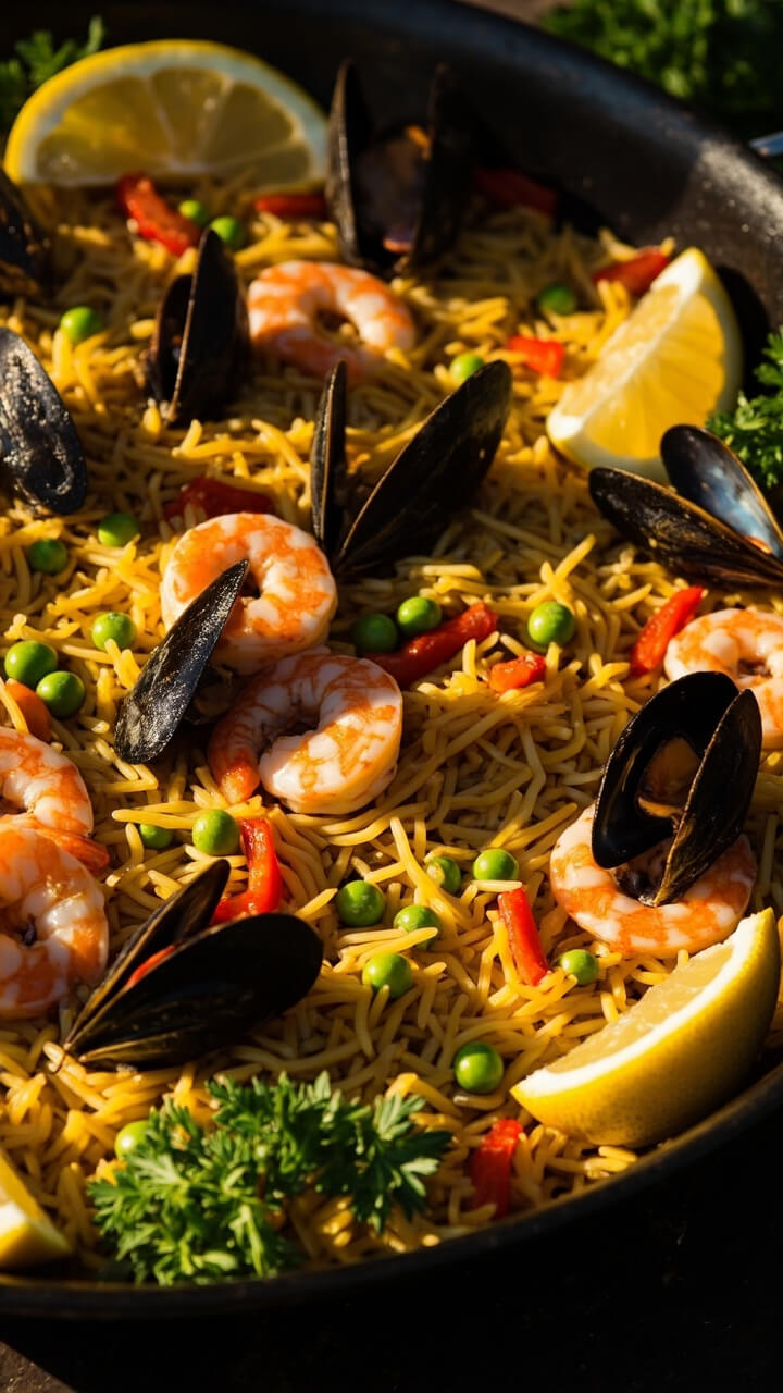 A wide, shallow paella pan filled with golden saffron rice, pink shrimp, mussels in the shell, red pepper slices, and fresh green peas, all garnished with lemon wedges and parsley.