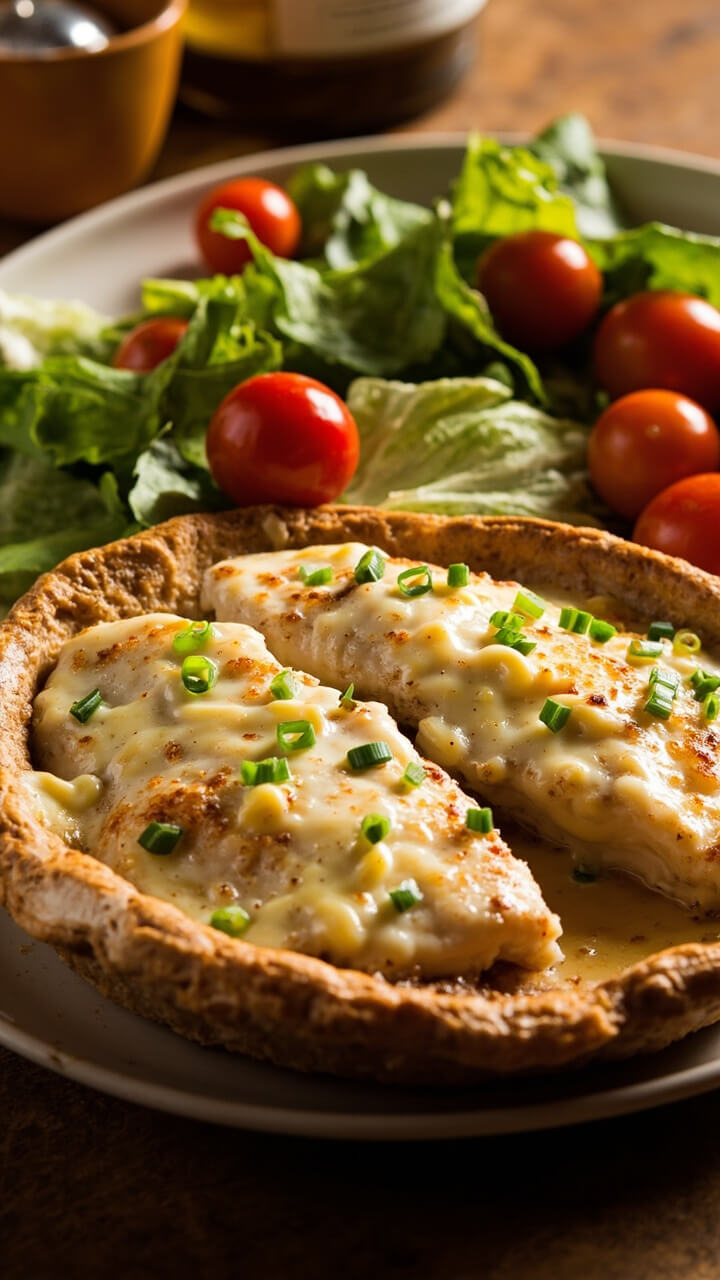 Baked catfish fillets with a bubbling golden Parmesan-mayo topping, served on a pie plate with a sprinkling of fresh chives. A garden salad with cherry tomatoes completes the meal.