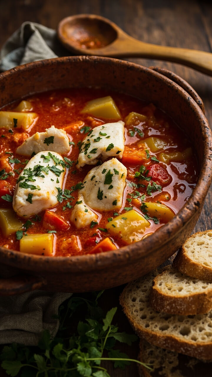 Chunky white monkfish pieces, potatoes, and bell peppers swimming in a rustic red tomato broth, all served in a big earthenware bowl. Sprinkled with parsley, a ladle resting to the side, and slices of crusty bread ready for dipping.