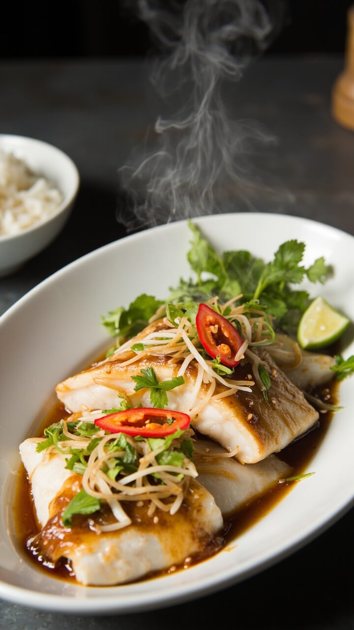 A white oval platter with two steamed cod fillets topped with julienned ginger and chopped scallions, glistening with a soy-sesame drizzle. Slices of red chili and sprigs of cilantro are scattered over the top, with a bowl of rice nearby.
