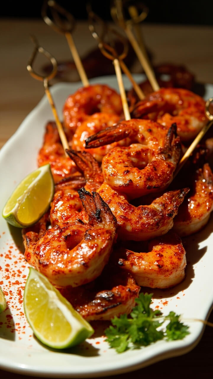 Skewers lined with large grilled shrimp, flecked red from chili powder, served on a white rectangular plate with lime wedges and sprinkled fresh cilantro. Skewers lined with large grilled shrimp, flecked red from chili powder, served on a white rectangular plate with lime wedges and sprinkled fresh cilantro.