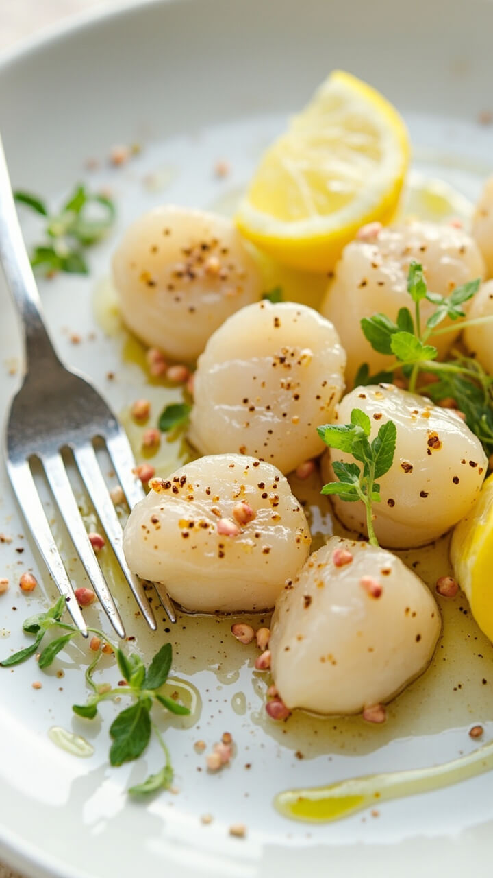 Translucent rounds of raw scallop are fanned out across a chilled white plate, drizzled with olive oil, scattered with crushed pink peppercorns, and dotted with micro herbs. A few lemon slices rest off to the side, with a fork resting gently nearby. Translucent rounds of raw scallop are fanned out across a chilled white plate, drizzled with olive oil, scattered with crushed pink peppercorns, and dotted with micro herbs. A few lemon slices rest off to the side, with a fork resting gently nearby.