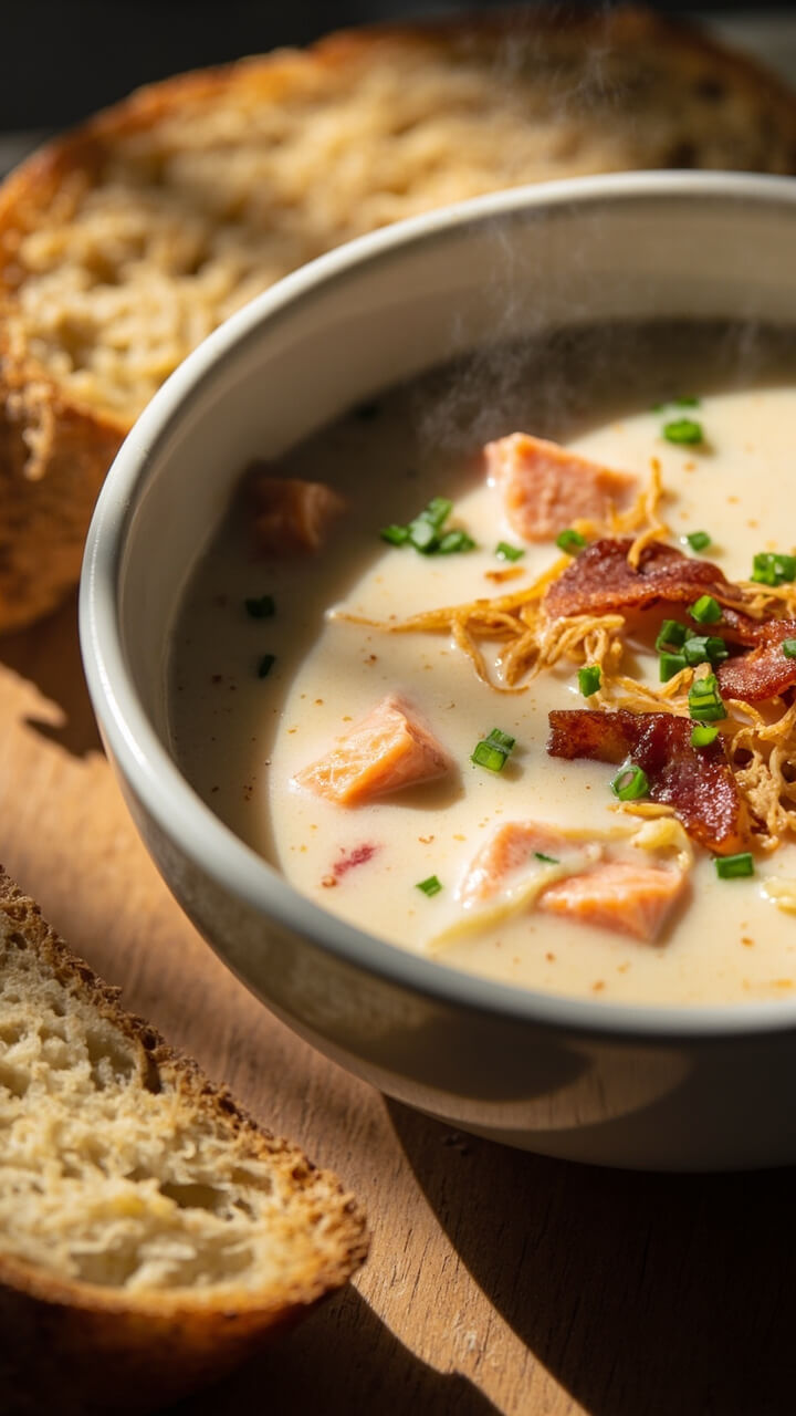 A creamy white bowl of salmon chowder flecked with pink chunks of fish, golden crisp bacon, and green chives, served beside a hunk of crusty bread. A creamy white bowl of salmon chowder flecked with pink chunks of fish, golden crisp bacon, and green chives, served beside a hunk of crusty bread.