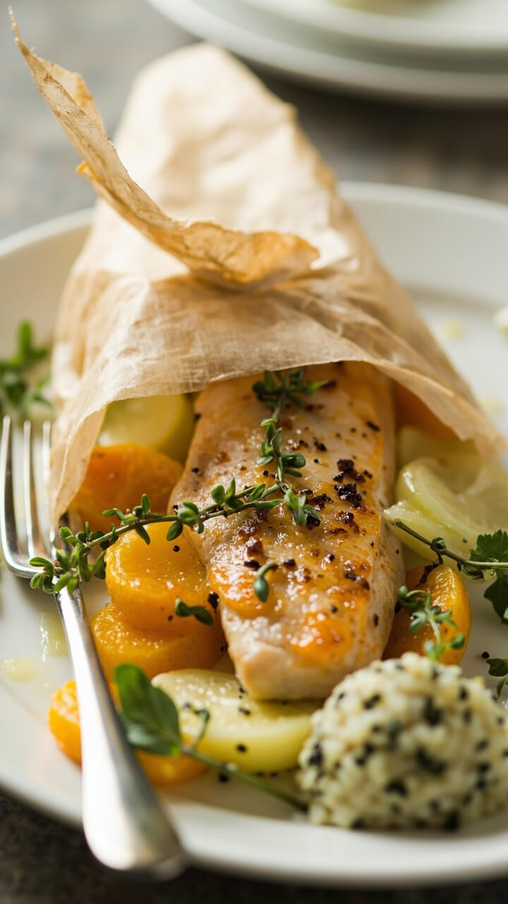 A tidy parchment packet on an individual plate, opened to reveal a steamy haddock fillet, orange and fennel slices, fresh thyme sprigs and a slight drizzle of juice. A fork set beside a small fluffy mound of herbed couscous. A tidy parchment packet on an individual plate, opened to reveal a steamy haddock fillet, orange and fennel slices, fresh thyme sprigs and a slight drizzle of juice. A fork set beside a small fluffy mound of herbed couscous.