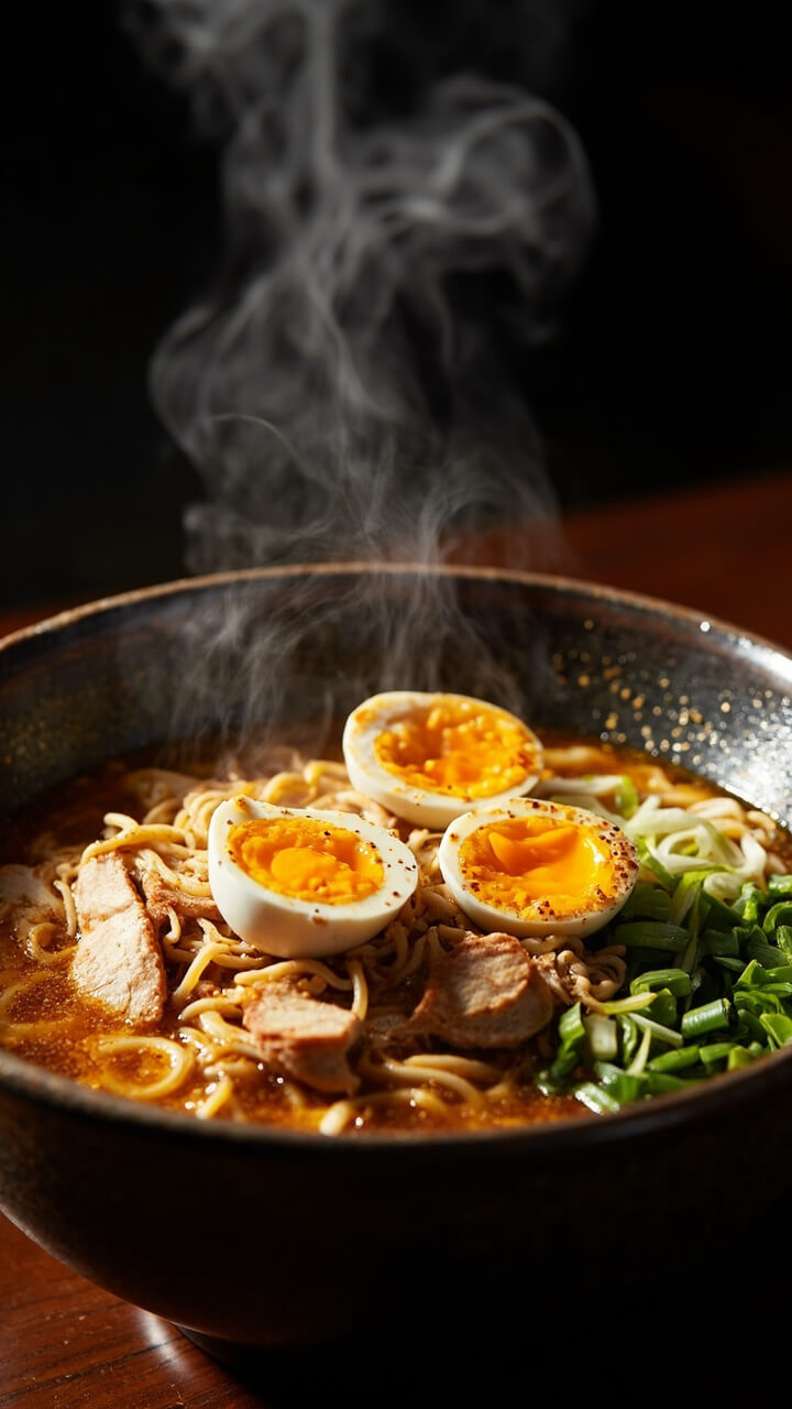 A deep ceramic bowl filled with shoyu (soy sauce) broth, curly ramen noodles, sliced poached chicken breast, halved soft-boiled eggs, green onions, and a sprinkle of toasted sesame seeds. Everything is tidy yet inviting, with light steam rising and a pair of chopsticks resting on the rim. A deep ceramic bowl filled with shoyu (soy sauce) broth, curly ramen noodles, sliced poached chicken breast, halved soft-boiled eggs, green onions, and a sprinkle of toasted sesame seeds. Everything is tidy yet inviting, with light steam rising and a pair of chopsticks resting on the rim.
