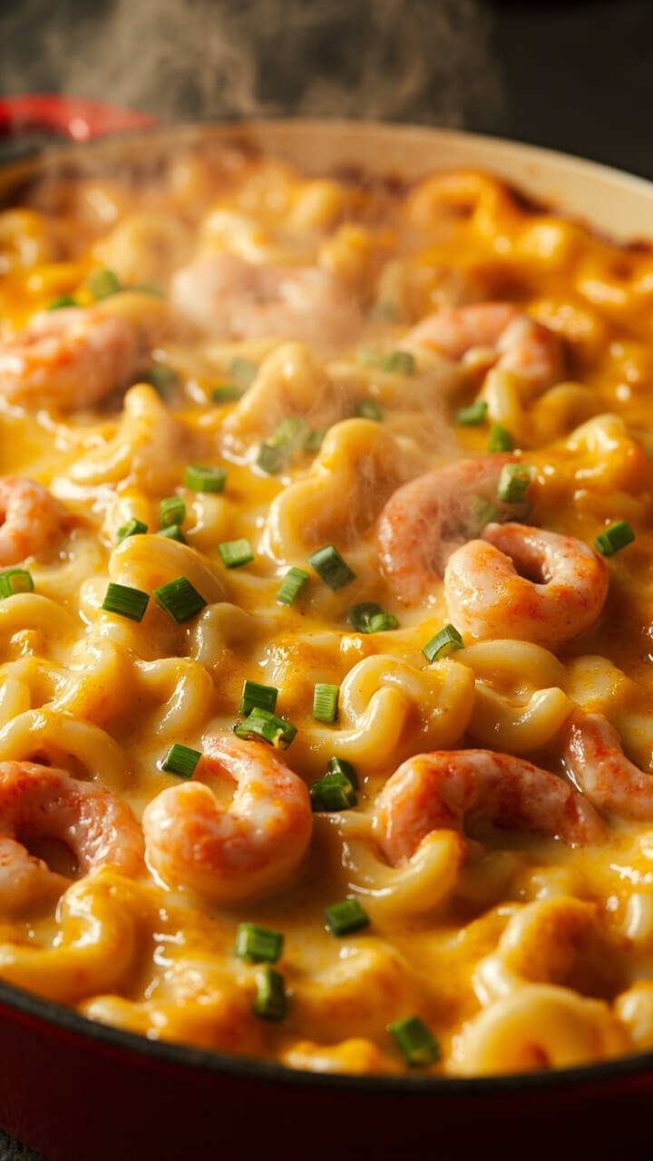 A casserole dish with bubbling golden cheese crust, elbow macaroni coated in creamy cheese sauce and large shrimp nestled throughout. Garnished with a sprinkle of chopped chives.