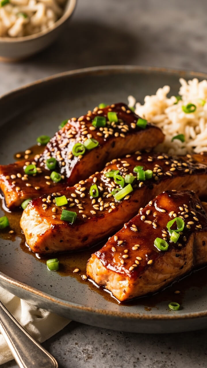 Four salmon fillets coated in a sticky, brown honey soy glaze, served on a gray stoneware plate with scattered sesame seeds and chopped green onion. A side bowl of jasmine rice. Four salmon fillets coated in a sticky, brown honey soy glaze, served on a gray stoneware plate with scattered sesame seeds and chopped green onion. A side bowl of jasmine rice.