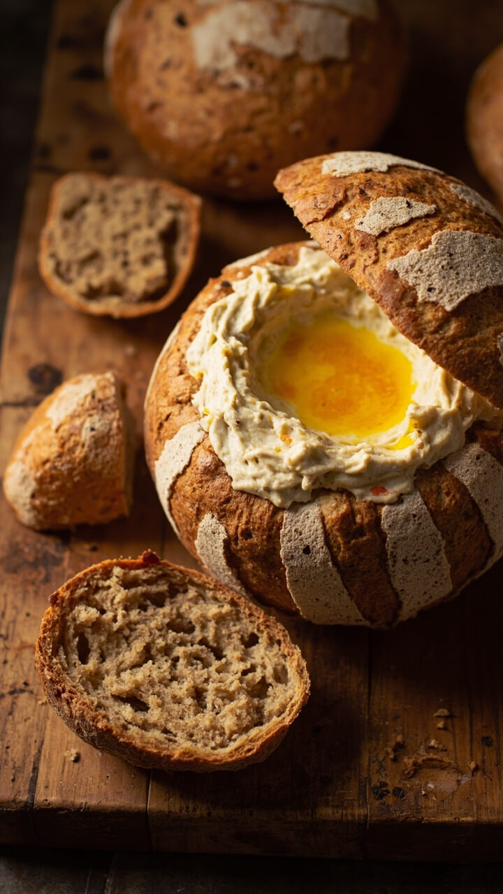 A round sourdough loaf hollowed out and filled with creamy, golden crab dip, gently browned on top. The bread top rests beside it, and torn hunks of sourdough surround the loaf on a rustic cutting board. A round sourdough loaf hollowed out and filled with creamy, golden crab dip, gently browned on top. The bread top rests beside it, and torn hunks of sourdough surround the loaf on a rustic cutting board.