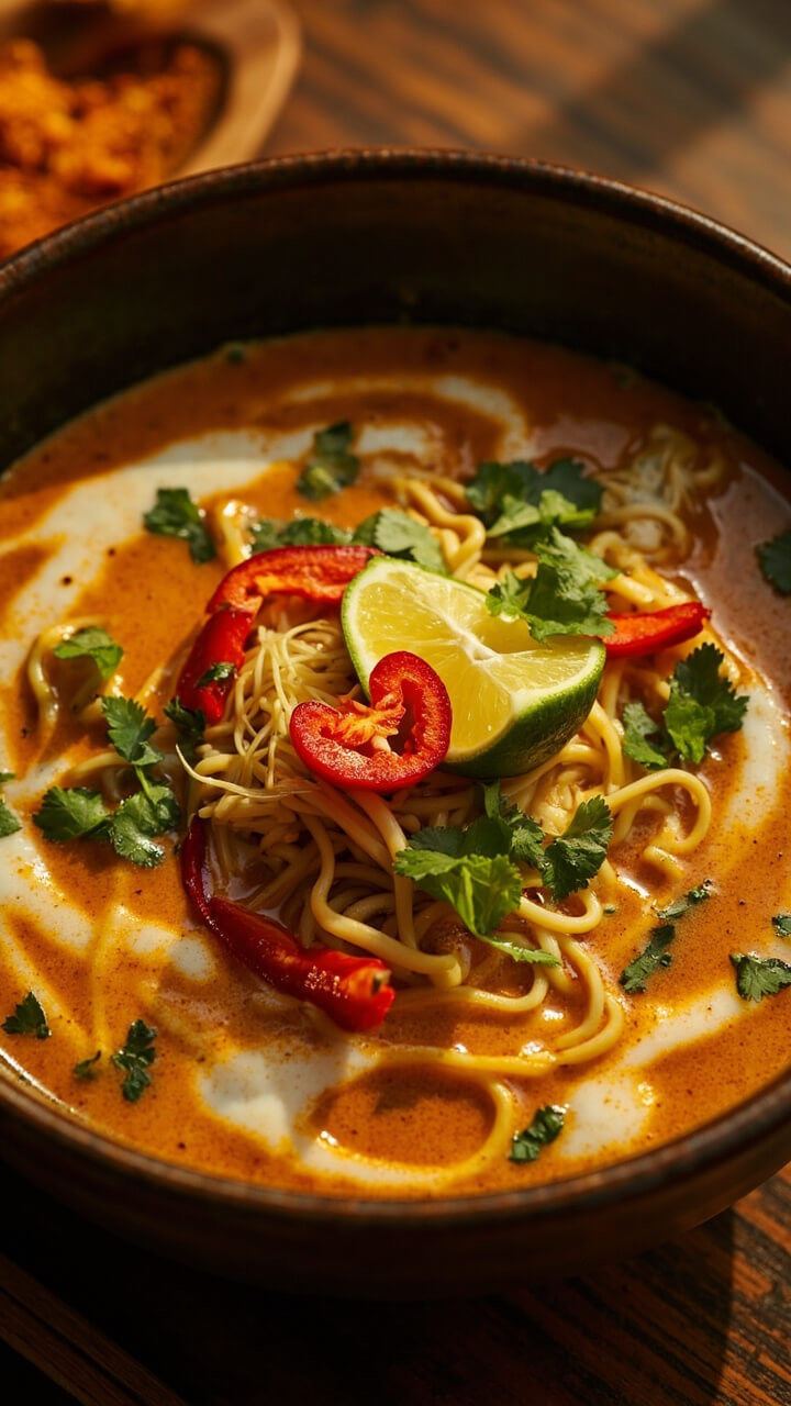 A deep bowl of creamy golden ramen soup, noodles peeking out under a scatter of sliced red bell pepper, cilantro, and lime wedges. A swirl of coconut milk and a few red chili slices float on top. A deep bowl of creamy golden ramen soup, noodles peeking out under a scatter of sliced red bell pepper, cilantro, and lime wedges. A swirl of coconut milk and a few red chili slices float on top.