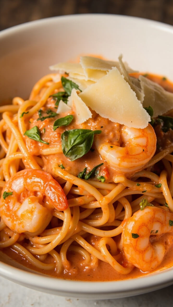 A large white pasta bowl filled with linguine tossed in a rich pink tomato cream sauce, dotted with plump shrimp and scallops, topped with chopped basil and parmesan. A large white pasta bowl filled with linguine tossed in a rich pink tomato cream sauce, dotted with plump shrimp and scallops, topped with chopped basil and parmesan.