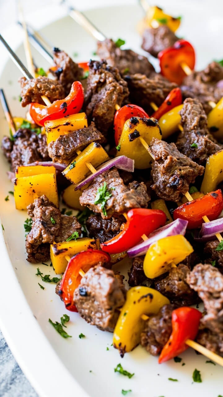 Wooden skewers stacked with chunks of sirloin steak, red and yellow peppers, and red onion, grilled until charred and juicy, served on a white platter with a sprinkling of chopped parsley. Wooden skewers stacked with chunks of sirloin steak, red and yellow peppers, and red onion, grilled until charred and juicy, served on a white platter with a sprinkling of chopped parsley.