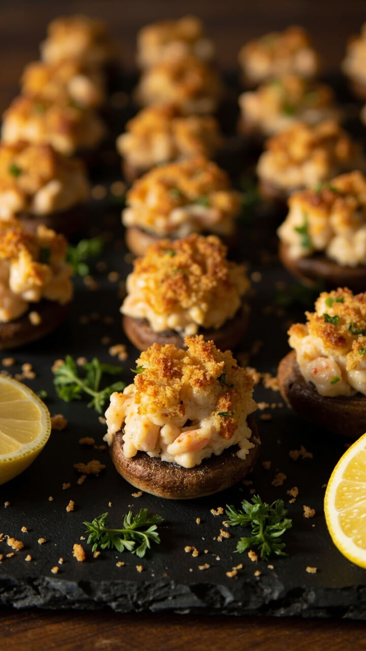 Plump mushroom caps filled with creamy shrimp mixture and crowned with crisp golden breadcrumbs, arranged in neat rows on a dark slate board, with a sprinkle of chopped parsley and lemon halves nearby.