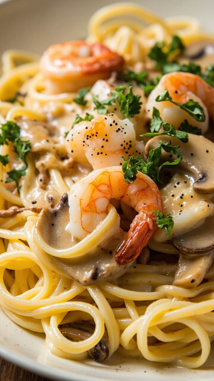 Fettuccine swirled in a rich Alfredo sauce with sliced sautéed mushrooms, shrimp, and scallops. Chopped parsley and a dusting of black pepper crown the silky noodles, served in a shallow ceramic pasta bowl.