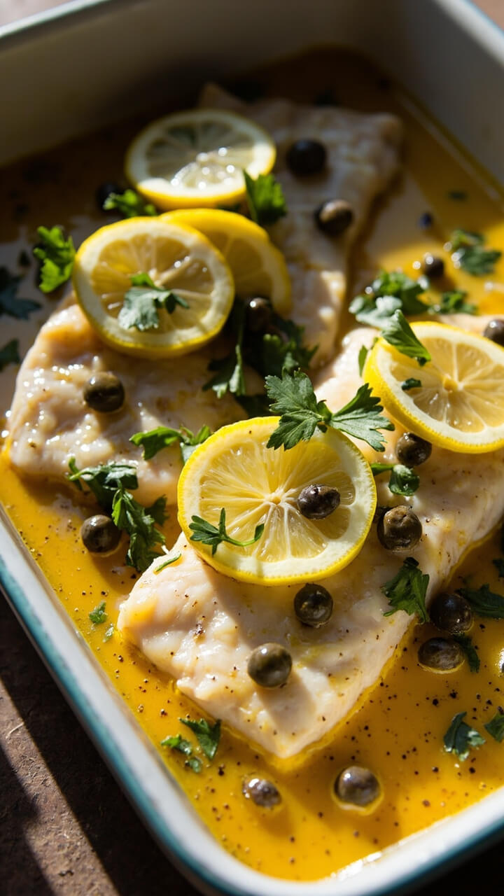 Cod fillets in a rectangular baking dish, topped with a glossy lemon-caper sauce. A few thin lemon slices and capers are scattered over the fish. Fresh parsley is sprinkled on top, and a little of the sauce pools at the bottom. Cod fillets in a rectangular baking dish, topped with a glossy lemon-caper sauce. A few thin lemon slices and capers are scattered over the fish. Fresh parsley is sprinkled on top, and a little of the sauce pools at the bottom.