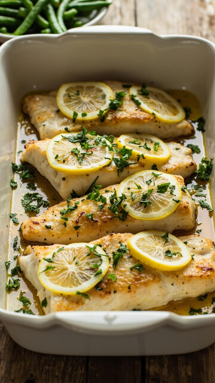 A white ceramic baking dish with golden-brown cod fillets, topped with chopped parsley, thyme, and thin lemon slices. The fish is fork-flaky, surrounded by a little baked-in lemon juice. The dish sits on a rustic wooden table with a side of steamed green beans. A white ceramic baking dish with golden-brown cod fillets, topped with chopped parsley, thyme, and thin lemon slices. The fish is fork-flaky, surrounded by a little baked-in lemon juice. The dish sits on a rustic wooden table with a side of steamed green beans.