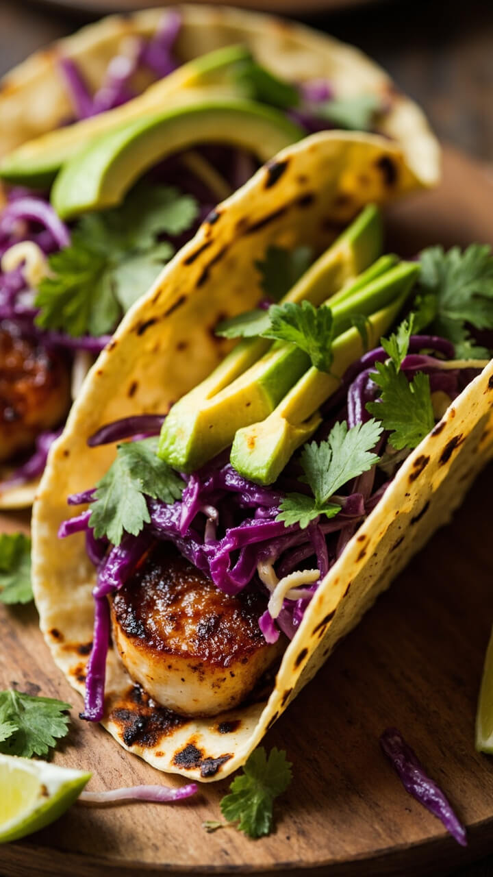 Warm corn tortillas filled with seared scallops, topped with purple cabbage slaw and avocado slices, served on a platter with lime wedges and cilantro.