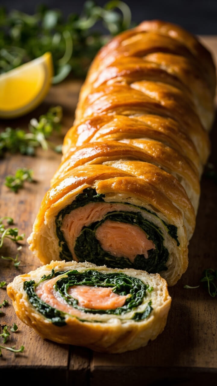 A golden-brown pastry log sliced on a wooden board, revealing pink salmon topped with green spinach filling. A scattering of microgreens and a few lemon wedges on the side. A golden-brown pastry log sliced on a wooden board, revealing pink salmon topped with green spinach filling. A scattering of microgreens and a few lemon wedges on the side.