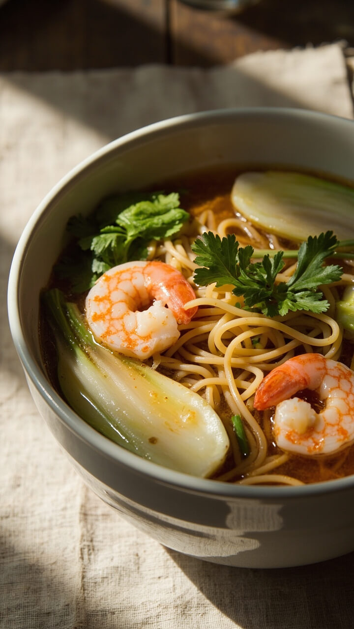A glossy white bowl brimming with clear ramen broth, plump pink shrimp, halved baby bok choy, ramen noodles twisted in the center, and a sprinkle of fresh herbs, on a linen placemat.