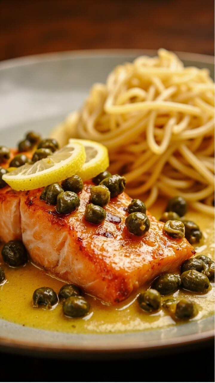 Salmon fillets cooked in a pan sauce with capers and lemon slices, a buttery sheen spooned over top. Served beside a mound of angel hair pasta on a shallow ceramic plate.