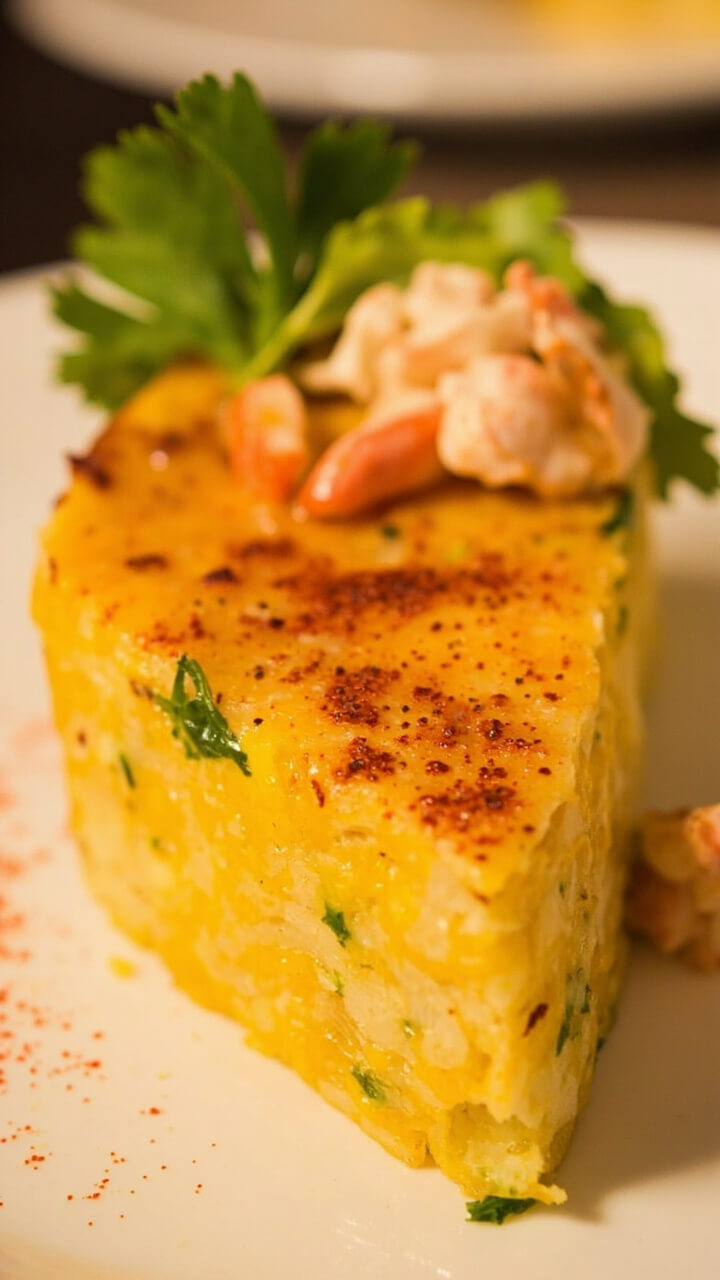 A wedge of golden, thick tortilla with visible layers of thin potato, flecks of green, and pieces of crab, set on a simple white plate, garnished with a sprig of parsley and paprika.