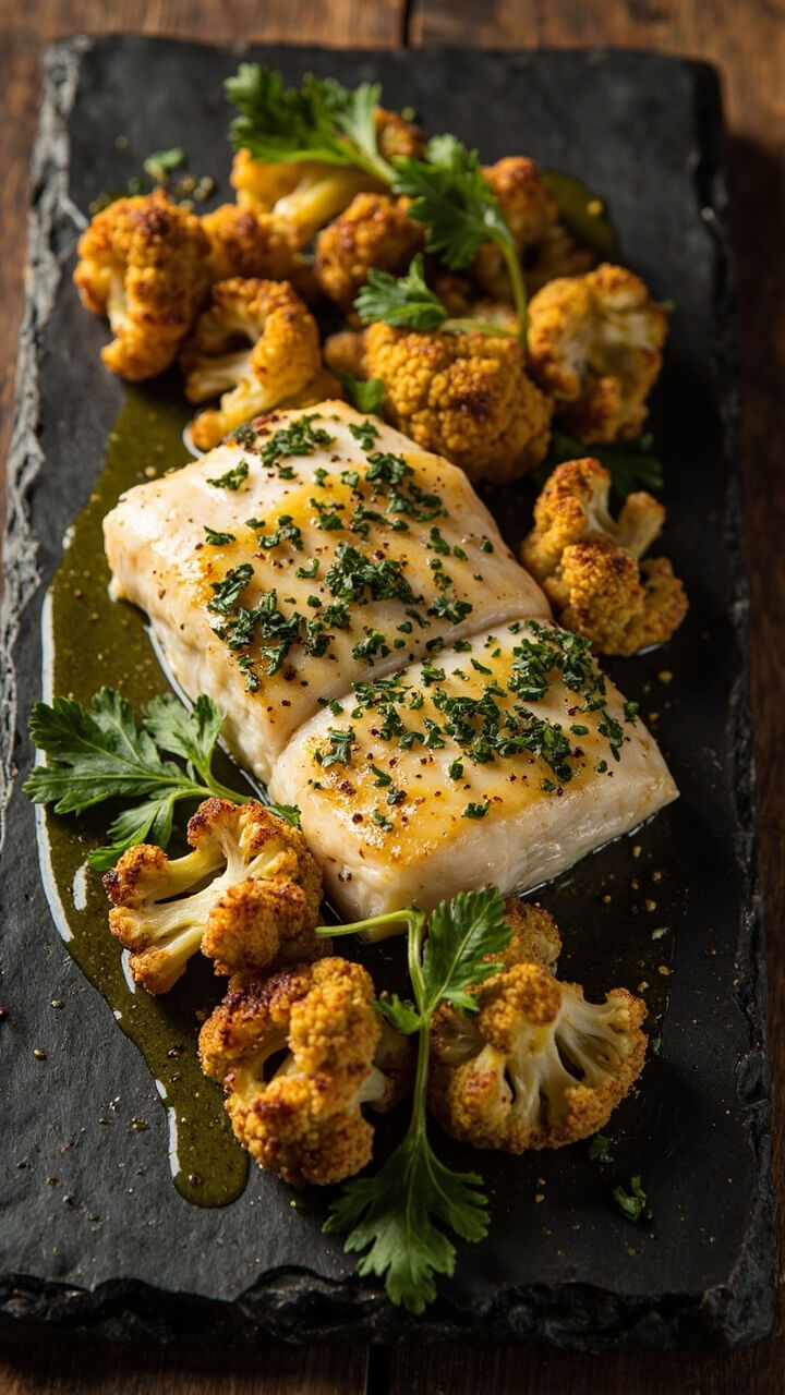 A slate platter with a flaky pollock fillet dusted with chopped green herbs, roasted cauliflower florets browned at the edges, and a drizzle of lemon vinaigrette. Some parsley leaves scattered for color. A slate platter with a flaky pollock fillet dusted with chopped green herbs, roasted cauliflower florets browned at the edges, and a drizzle of lemon vinaigrette. Some parsley leaves scattered for color.