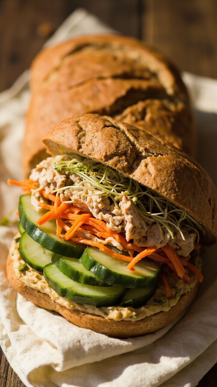 Whole grain sandwich bread generously spread with hummus, layered with tuna, crisp cucumber slices, shredded carrot, and sprouts, cut in half and arranged neatly on a linen napkin. Whole grain sandwich bread generously spread with hummus, layered with tuna, crisp cucumber slices, shredded carrot, and sprouts, cut in half and arranged neatly on a linen napkin.